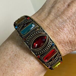 Yuhong Gold Tone Multicolor Crystal Hinged Bangle Bracelet | Boho Statement